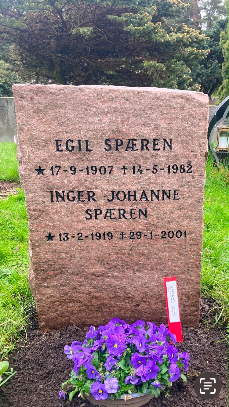 Den ferdige gravsteinen sett forfra på gravstedet, med grantre i bakgrunnen.
