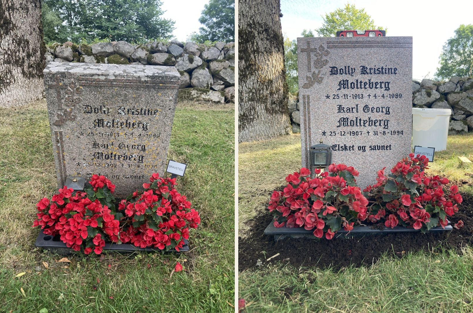 Før og etter av den samme gravsteinen sett forfra: lavdekket stein med utydelig skrift til venstre, ren stein med nymalt skrift til høyre.
