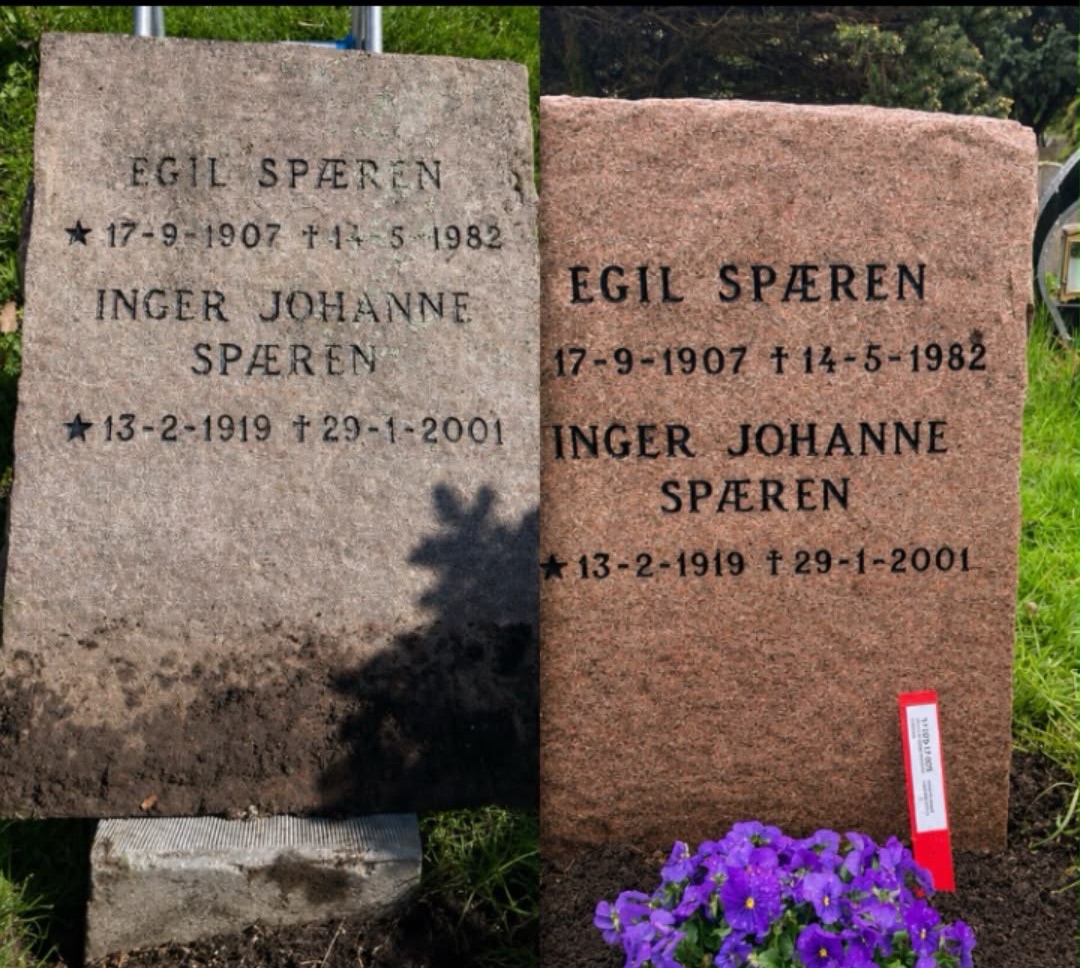 Før og etter av den samme gravsteinen, sett fra samme vinkel: lav og mørke jordslag til venstre, renset stein med nymalt skrift til høyre.