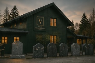 Verkstedet i skumringen.