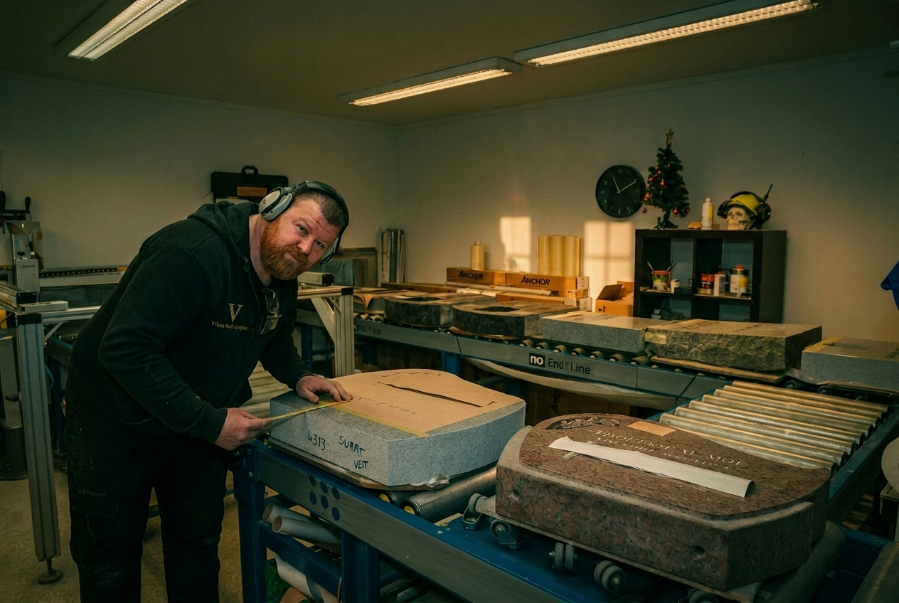 Verkstedet med arbeidsbenker og pågående gravering.